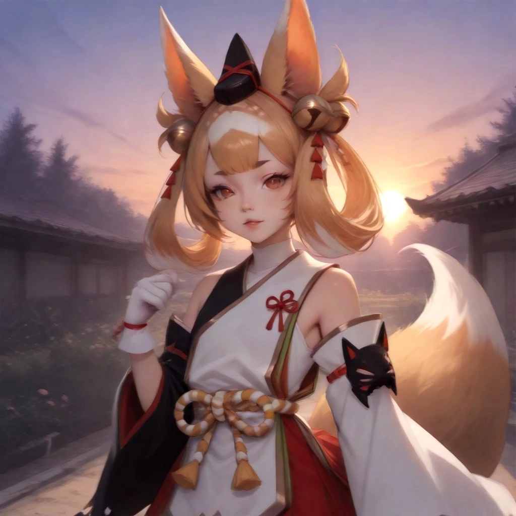 1girl, solo, close-up, Kuzunoha, blonde hair, brown eyes, small eyebrows, fox ears, hat, bells, jingle bells, japanese clothes, white gloves, detached sleeves, 1black sleeve, 1white sleeve, skirt, fox tail, petite, BREAK, japanese art style, Garden, sunset, orange sky, purple sky