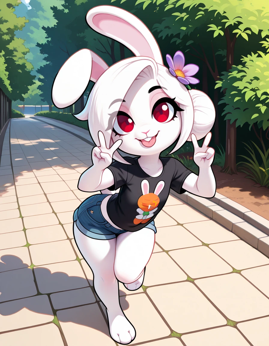 masterpiece, best quality, very aesthetic, absurdres,
outdoors, denim shorts, t-shirt, double v, tongue out,
posing,
full body, seductive smile, parted lips, long eyelashes,
<lora:Carrots_v01_ILXL:1> C4rr0ts,1girl,solo,furry female,rabbit girl,rabbit ears,red eyes,white hair,body fur,white fur,rabbit tail,animal nose,hair ornament,hair flower,hair bun,buck teeth,