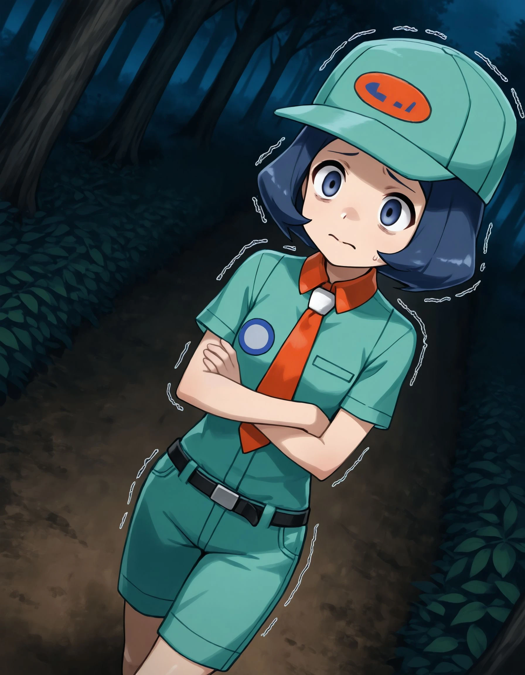 masterpiece,best quality,very aesthetic,absurdres,1girl,solo,<lora:picnicker oras_illustriousXL:0.8>,picnicker oras,hat,necktie,green shirt,belt,green shorts,cowboy shot,scared,closed mouth,walking,trembling,crossed arms,dark forest,night,looking at another,dutch angle,from above,<lora:AntiglazeSerum_rev5:0.4>