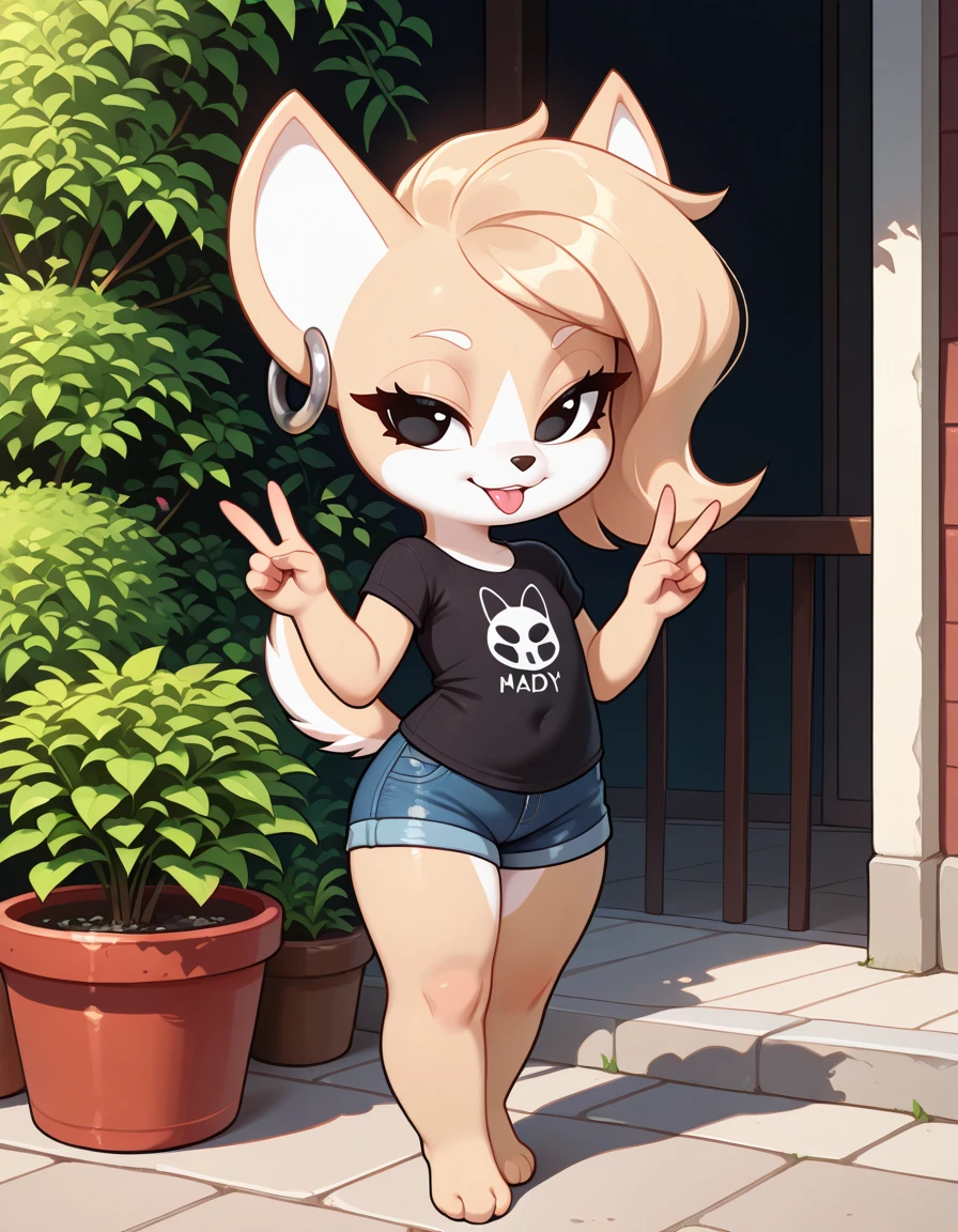 masterpiece, best quality, very aesthetic, absurdres,
outdoors, denim shorts, t-shirt, double v, tongue out,
posing,
full body, seductive smile, parted lips, long eyelashes,
<lora:Maddy_v0.1_ILXL:1> Maddy,1girl,solo,animal ears,furry female,animal nose,tail,body fur,two-tone fur,earrings,white fur,black eyes,jewelry,blonde hair,hoop earrings,short hair,
