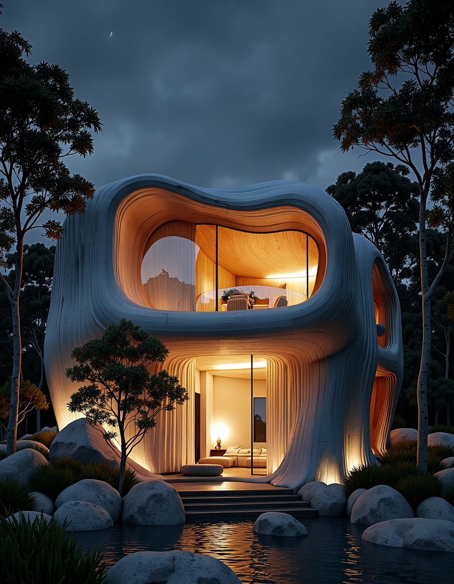 A photo-realistic rendering of a futuristic building with a unique architectural design, set against a dark, moody night sky. the building is a two-story structure with a blend of modern and contemporary elements, featuring a combination of glass and wood, that creates a textured, ethereal glow. the exterior of the building has a series of curved, wavy lines that create a sense of depth and dimension, while the interior is illuminated by soft, warm lighting that casts gentle shadows on the surrounding trees. the lighting creates a dreamy atmosphere, with the reflection of the trees and the building's interior visible in the large, rectangular windows. the overall effect is one of tranquility and serenity, with a focus on the natural beauty of the architecture.