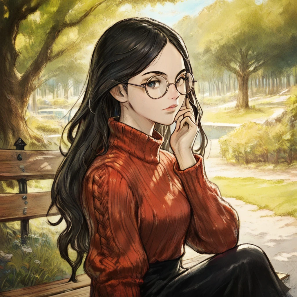ikusy, 1girl, long black hair, round glasses, red sweater, adjusting hair, sitting on bench, upper body, waist up, female focus, looking at viewer, close up, BREAK, park, score_9, score_8_up, score_7_up, masterpiece, best quality, amazing quality, absurdres, very aesthetic