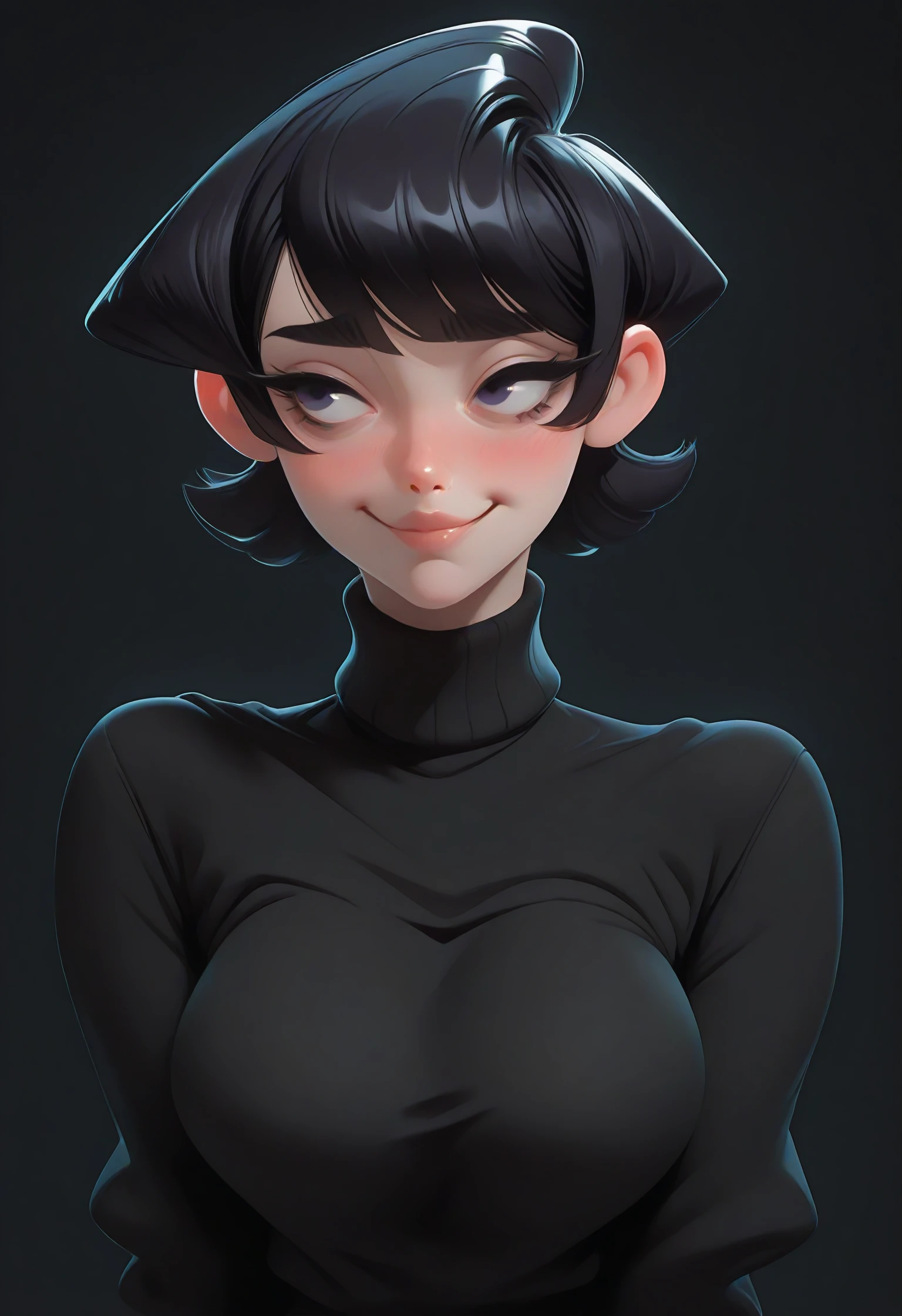 h0rr0rstyl3 MythAn1m3 artist:moriimee 3dc4r1c4tur3, highly detailed stylized 3D cartoon character by Cedric Seaut (Keos Masons) komi_shuuko, 1girl, solo, mature_female, short_hair, black_hair, smile, blush, black_eyes:purple_eyes:0.8, large_breasts:huge_breasts, swept_bangs, masterpiece, best quality, dynamic lighting , dynamic pose, dynamic angle, lips, nose <lora:3D_Caricature_Style:1.5>