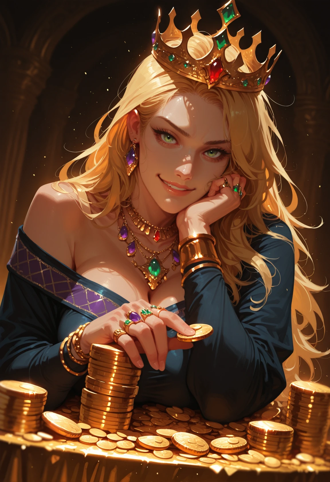 1girl, jewelry, ring, gem, gold, solo, blonde hair, long hair, crown, necklace, bracelet, red gemstone, looking at viewer, earrings, holding, multiple rings, upper body, green gemstone, purple gemstone, dress, blue gemstone, coin, long sleeves, off shoulder, green eyes, parted lips, , lips, depth of field, messy hair, sitting, table, stack of gold coins, smirk, masterwork, masterpiece, best quality, dynamic lighting , dynamic pose,, dynamic angle, , , (realistic:1.2), (lineless:1.2), detailed, , aged up, adult, depth of field, dynamic lighting, blurry, cheekbones,