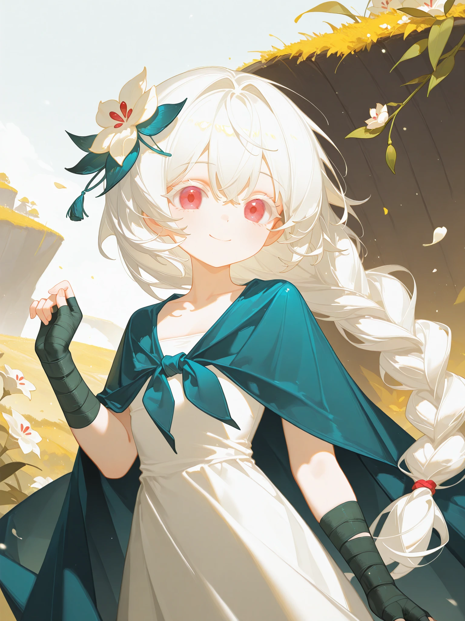 ruoganzhao, koujuan, absurdres, best quality, masterpiece, high quality, detailed, WLC, 1girl, strapless dress, cape, arm wrap, hair flower, long braid, long dress, fingerless gloves, outdoors, <lora:WhiteLilyXL:0.85>, upper body, smile, looking at viewer, white hair, colored eyelashes,