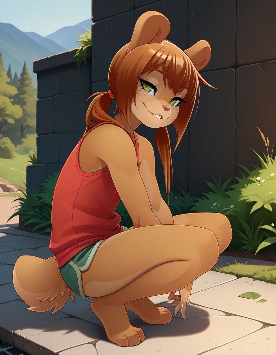 masterpiece, best quality, very aesthetic, absurdres,
outdoors,
full body, seductive smile, parted lips, long eyelashes,
<lora:Rocketgirl_v01_ILXL:1> Rocketgirl, 1girl, solo, animal ears, furry female, tail, brown hair, long hair, green eyes, bangs,freckles, brown fur,full body, sidelocks, twintails, two-tone fur,