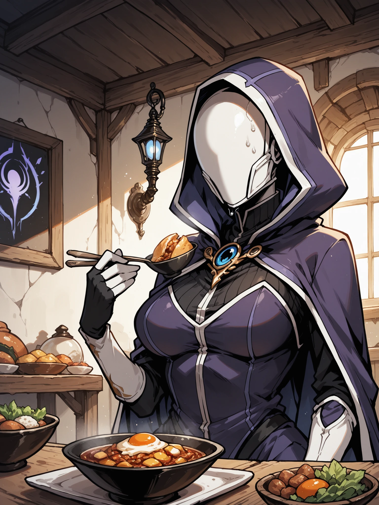 plague doctor, 1girl, solo, hood, mask, gloves, faceless, plague doctor mask, bandage, tabard, medieval, breasts, arms at sides, wide hips, exposed side thigh, embarrassed, heavy blush, blushing, thick thighs, small breasts, medieval tavern, wood mug, indoors, floorboards, wood railing, window, light rays, bloom, wood table,