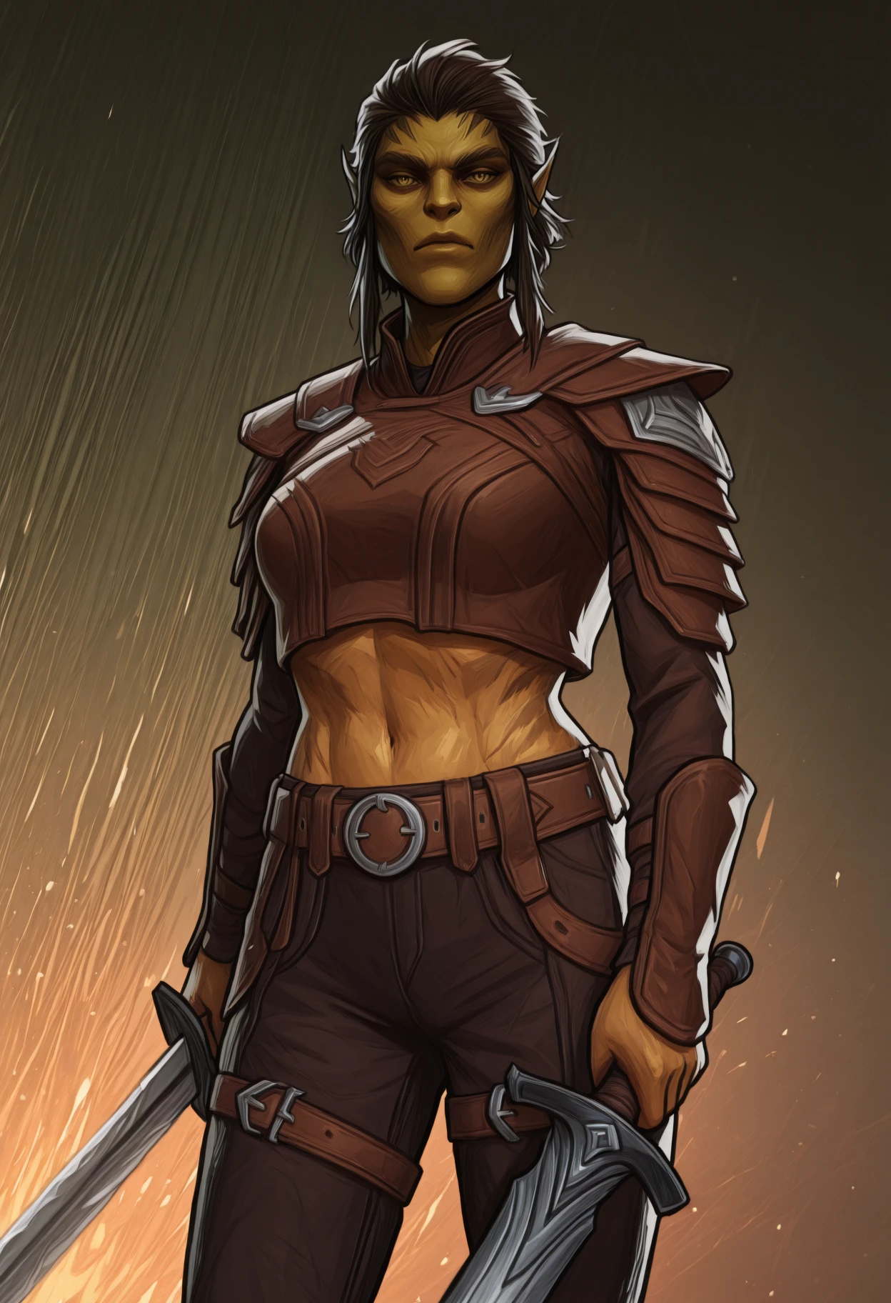 masterpiece, best quality, ultra-detailed, highest quality, official art, incredibly absurdres, newest, latest, score_9, ((gith)), fighter, neutral alignment, lowlvl, 1girl, navel, pointy ears, black pants, belt, holding sword, scar, brown pants medieval (realistic, fantasy)