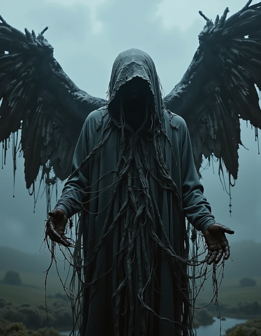 A cinematic photography.
Ornate and Intricate, cinematic photo long shot scenic professional photograph of a digital artwork depicting a haunting and eerie scene. The central character is a dark, shadowy figure draped in a tattered fabric, almost as if it were made of spider webs. The character's face is completely obscured, adding to the sense of mystery and fear. His hands, also covered in the web-like substance, are outstretched. The character has large, dark wings that are also made of the same web-like material, adding to the ethereal and otherworldly atmosphere.
The background is a foggy, misty scene with swirling, ethereal smoke or fog that creates a sense of depth and uncertainty. The colors in the image are mostly dark and muted, with shades of gray, black, and blue dominating. The texture of the web-like material is rough and stringy, giving it a realistic and tactile quality. The overall style of the work is dark fantasy, with the aim of creating a frightening and unsettling atmosphere through its strange and macabre elements. The image conveys a sense of foreboding and mystery, inviting viewers to contemplate the enigmatic nature of the central character.