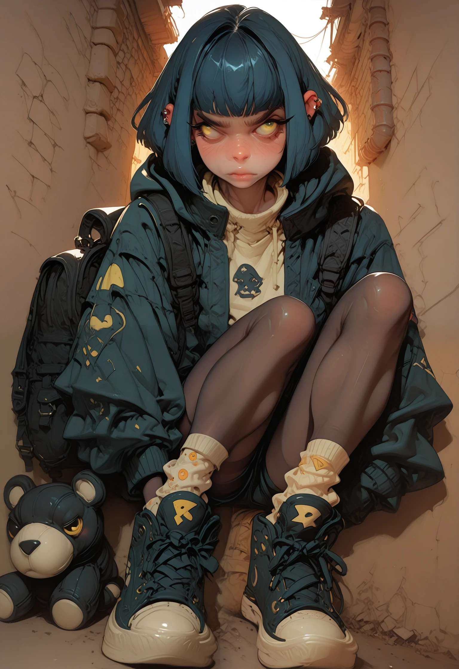 3dc4r1c4tur3, highly detailed stylized 3D cartoon character by Cedric Seaut (Keos Masons) of tsumura_tokiko, 1girl, solo, bob_cut, scar, short_hair, scar_on_face, scar_on_nose, blue_hair, yellow_eyes, blush, ankle_socks backpack bag baggy_clothes cigarette ear_piercing full_body hand_in_pocket jacket jewelry looking_to_the_side neck_warmer pantyhose pantyhose_under_shorts piercing print_jacket ring shoes short_shorts shorts smoking sneakers socks stuffed_animal stuffed_toy unicorn zipper, masterpiece, best quality, dynamic lighting , dynamic pose, dynamic angle, lips, nose <lora:3D_Caricature_Style:1.25>