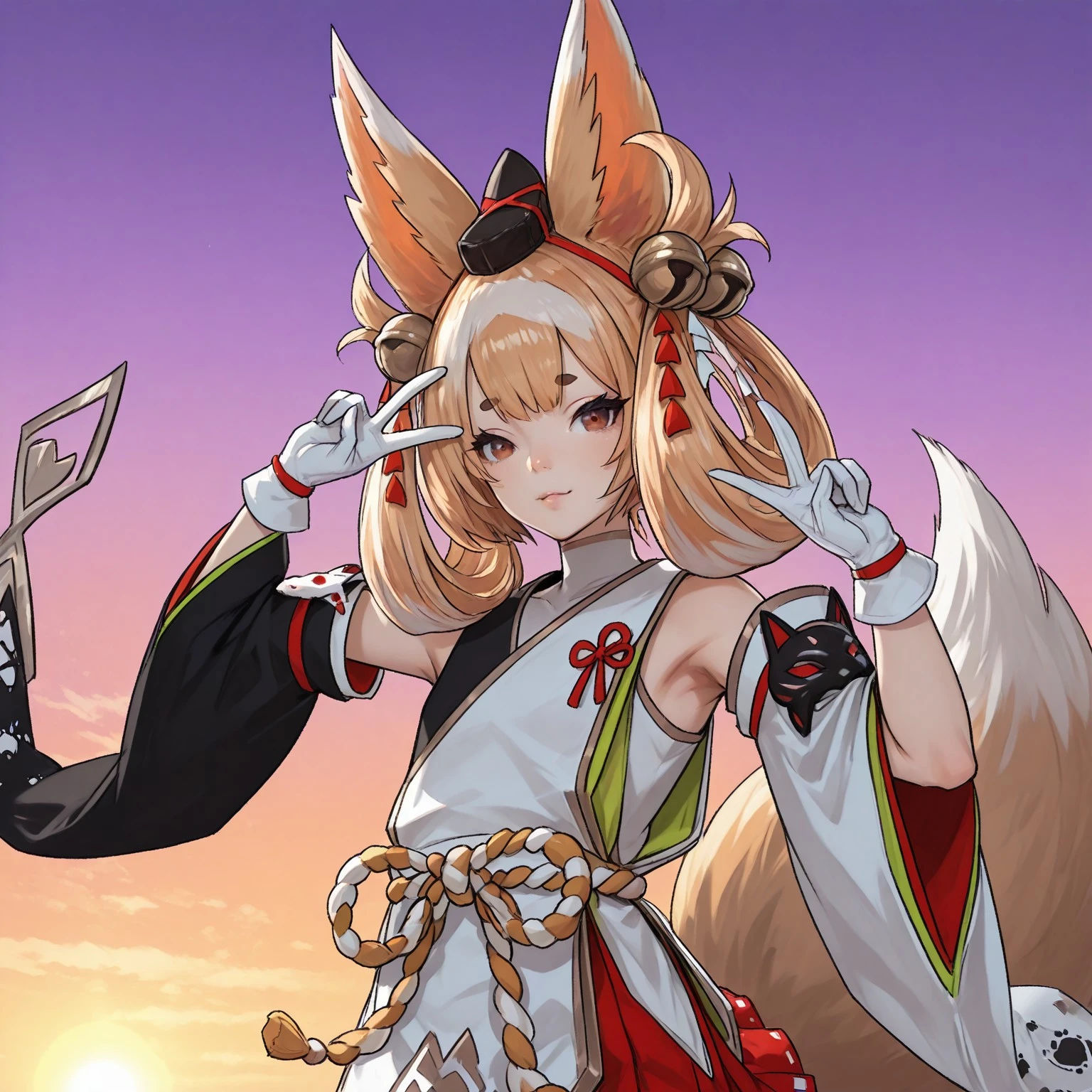 safe_pos, 1girl, solo, close-up, Kuzunoha, blonde hair, brown eyes, small eyebrows, fox ears, hat, bells, jingle bells, japanese clothes, white gloves, detached sleeves, 1black sleeve, 1white sleeve, skirt, fox tail, petite, victory sign, double peace, BREAK, Masatsugu Saito, realistic, Garden, sunset, orange sky, purple sky