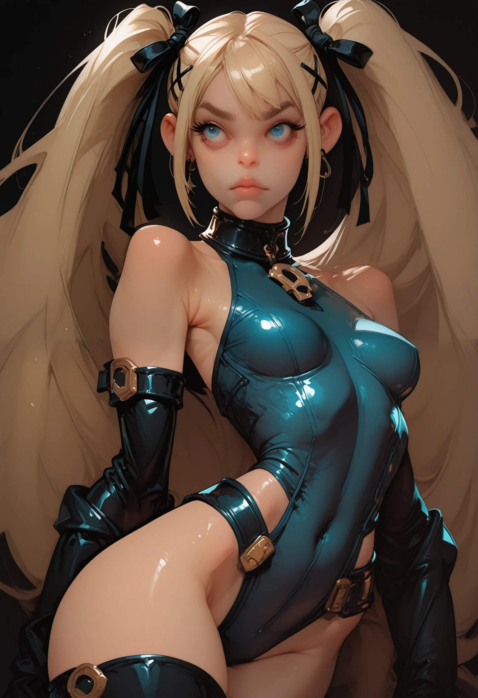 3dc4r1c4tur3, highly detailed stylized 3D cartoon character by Cedric Seaut (Keos Masons) of marie_rose, 1girl, solo, twintails, blonde_hair, long_hair, ribbon, blue_eyes, hair_ribbon, black_ribbon, hair_ornament, small_breasts, x_hair_ornament, [[medium_breasts, very_long_hair]], bare_shoulders, bodysuit, breasts, large_breasts, cleavage, earrings, elbow_gloves, gloves, jewelry, navel, revealing_clothes, single_earring, thighhighs, , masterpiece, best quality, dynamic lighting , dynamic pose, dynamic angle, lips, nose <lora:3D_Caricature_Style:1.25>
