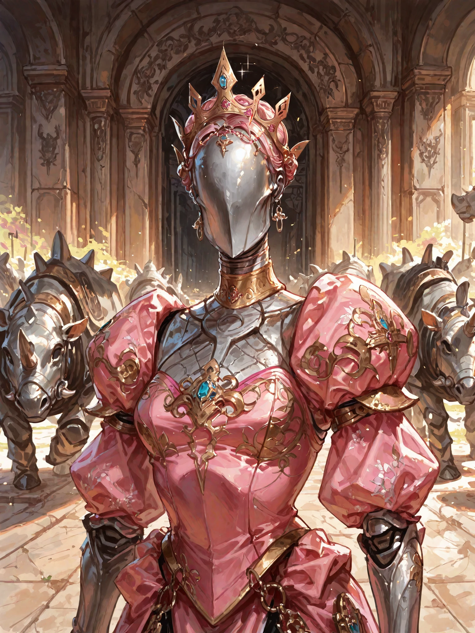 masterpiece, best quality, zhongguoduliu,
[1boy, solo:1girl:0.3],
faceless Rhinoceros Auklet,
fantasy,
pink dress,
[Brunette hair:crown:0.3],
Xanadu A magical kingdom ruled by a wise and benevolent queen,
no humans,
detailed background,
<lora:faceless-illu-v1:1>,
<lora:zhongguoduliu-illustrious:0.8>