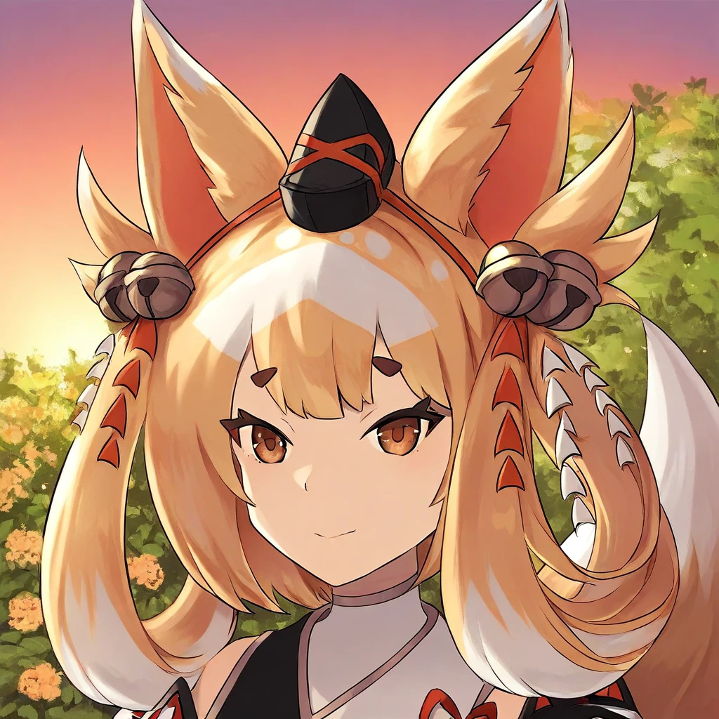 Kuzunoha, blonde hair, brown eyes, small eyebrows, fox ears, hat, bells, jingle bells, fox tail, portrait, face focus, garden, sunset