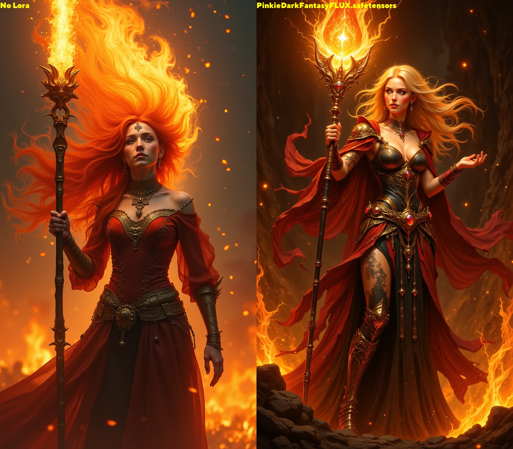 pinkdarkfantasy,  a woman with fiery hair and molten eyes, her staff erupting in a pillar of flames as she commands fire elementals.