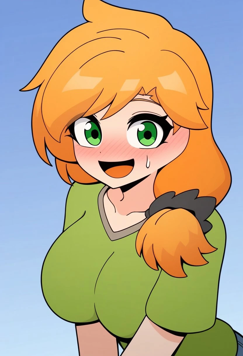 score_9, score_8_up, score_7_up,(masterpiece,best quality)),best res,,good anatomy,cute,(sexy:1.3),ultra cute, (huge breast:1.3),face,hot,female,smiling,extremely detailed face,4k,happy, upper body,,detailed eyes,beautiful,smiling,,cute,very cute,, ,blushing,upper body,leaning,closer,tall,arms,, solo, looking at viewer, blush, perfect lighting, hips, skinny,,,blushing,smiling,tall female,alex, 1girl, solo, long hair, blush, open mouth, blonde hair, shirt, green eyes, collarbone, orange hair, sweatdrop, green shirt, black scrunchie,pants, fullbody, green shirt, middle of a Field,field background,