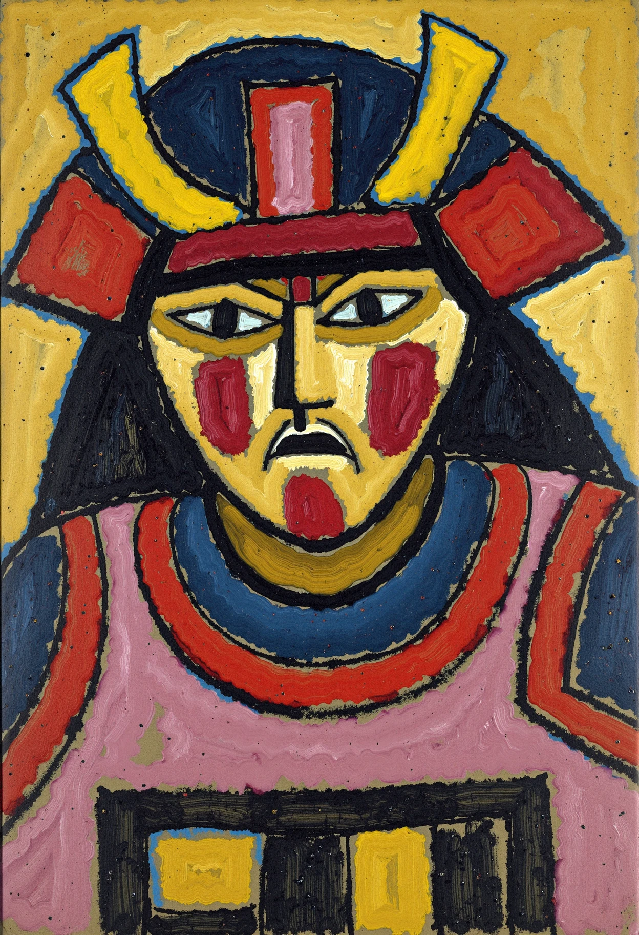 jwlnsk, powerful samurai warrior in stylized abstract armor, geometric layering of red, gold, and black, simplified facial features with mask-like expression, strong bold lines, expressive brushstrokes, intense gaze<lora:Flux\Jawlensky_Visions FLUX_LORA jwlnsk.safetensors:1.0:1.0>