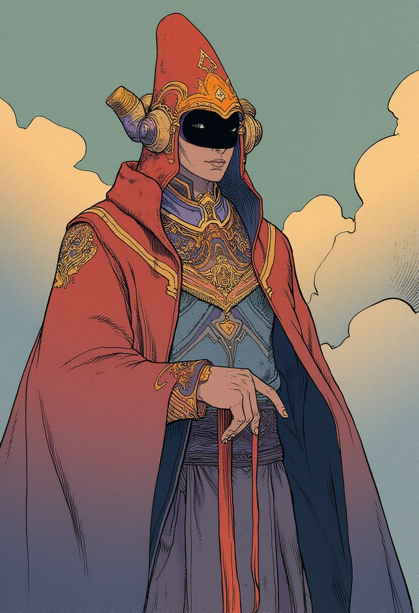 cartoon moebius illustration in mb artstyle, A tall, enigmatic traveler draped in flowing robes with geometric patterns. Their ornate helmet features tubes and intricate engravings, blending ancient mysticism with futuristic technology.