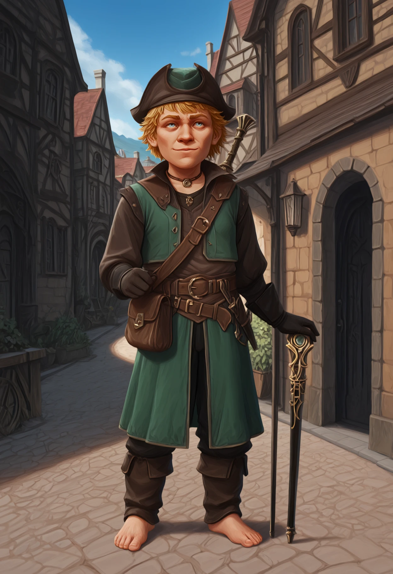 masterpiece, best quality, ultra-detailed, highest quality, official art, incredibly absurdres, newest, latest, score_9, halfling, bard, good alignment, highlvl, looking at viewer, smile, blonde hair, 1boy, black gloves, hat, standing, full body, male focus, barefoot, belt, sword, necklace, sheathed, cane
town, outdoors, medieval (realistic, fantasy)