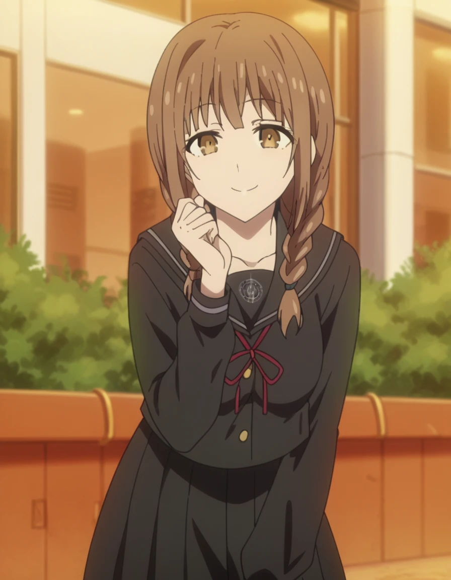 score_9, score_8_up, score_7_up, source_anime, <lora:sawa-yamuichi-s4-ponyxl-lora-nochekaiser:1>, sawa yamuichi, braid, brown hair, twin braids, brown eyes, long hair, mature female, breasts, anime screencap, school uniform, skirt, serafuku, black skirt, pleated skirt, long sleeves, black serafuku, megastructure, large, futuristic, building, complex, smile, head rest, smile,, looking at viewer, solo,, cowboy shot, solo