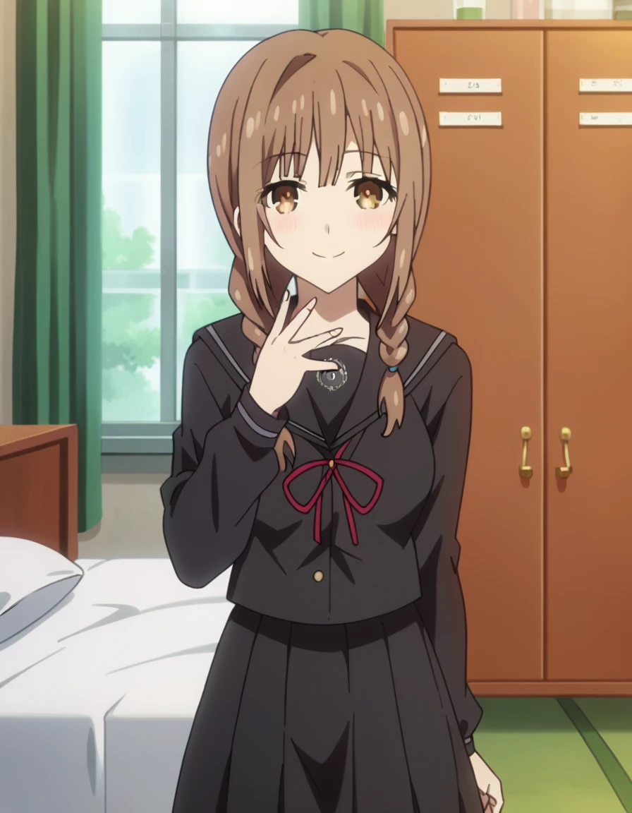 score_9, score_8_up, score_7_up, source_anime, <lora:sawa-yamuichi-s4-ponyxl-lora-nochekaiser:1>, sawa yamuichi, braid, brown hair, twin braids, brown eyes, long hair, mature female, breasts, anime screencap, school uniform, skirt, serafuku, black skirt, pleated skirt, long sleeves, black serafuku, pharmacy, medicine, shelves, counter, health, , <lora:sidetail-miku-noodle-stopper-ponyxl-lora-nochekaiser:1> sidetail miku noodle stopper, sidetail miku noodle stopper (meme), meme, side ponytail, hand up, blush, smile, bed room,, cowboy shot, looking at viewer,, looking at viewer, solo,, cowboy shot, solo