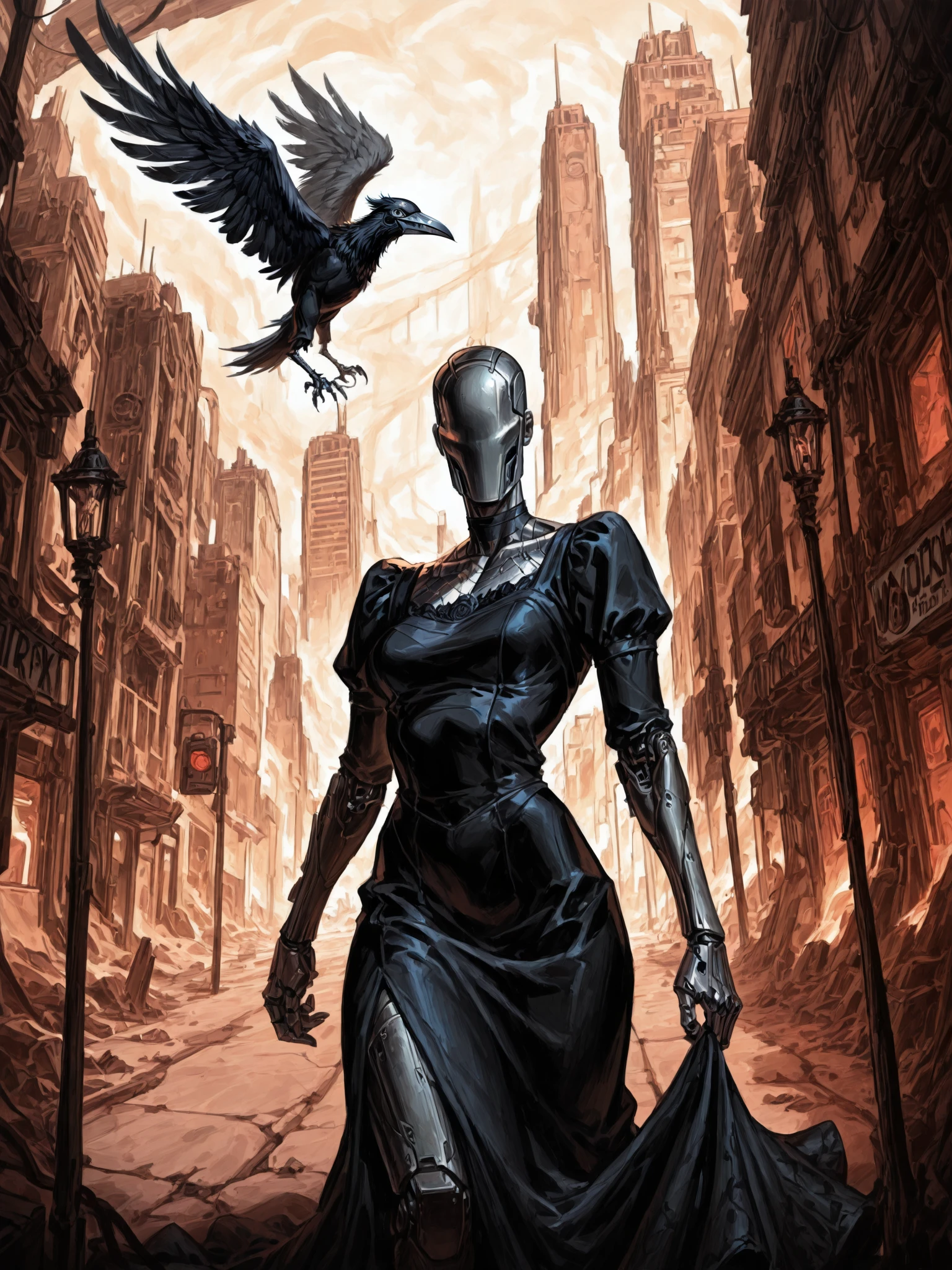 masterpiece, best quality,
1girl, solo,
faceless android, mechanical crow,
weirdpunk,
dress grab,
complex,
empty City,
detailed background,
<lora:faceless-illu-v1:1>,
<lora:zhongguoduliu-illustrious:0.8>