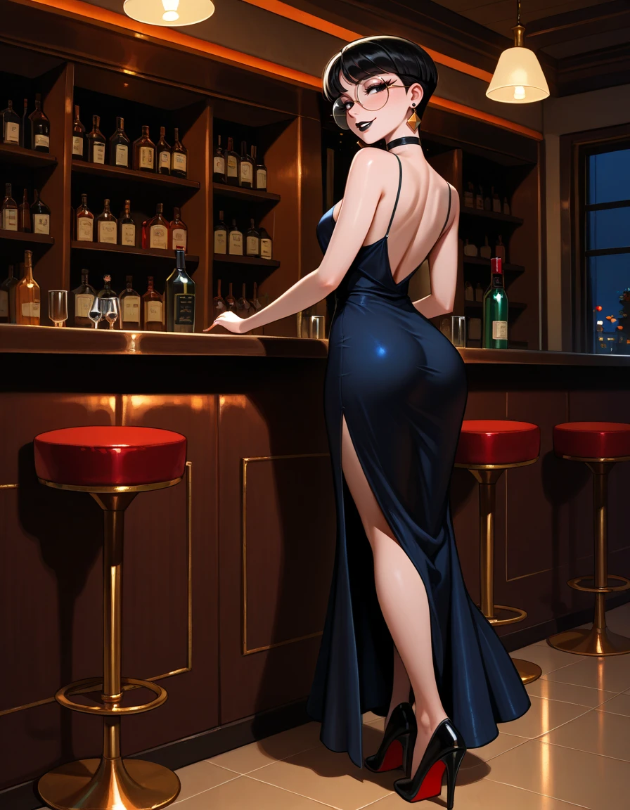 masterpiece, best quality, very aesthetic, absurdres,
indoors, bar, night dress, high heels, from behind, looking back, black lipstick, 
full body, seductive smile, parted lips, long eyelashes,
 <lora:Alice_v01_ILXL:1> Alice,1girl,solo,short hair,black hair,bangs,earrings,black eyes,round eyewear,choker,