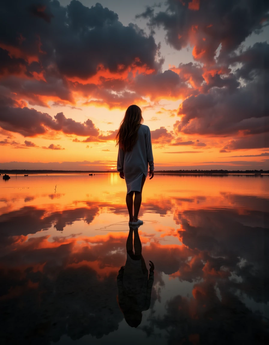 A highly detailed cinematic photography.
a woman silhouette shape repeating like an infinite mirror into the sunset, infinite mirrored perspective, long exposure.
