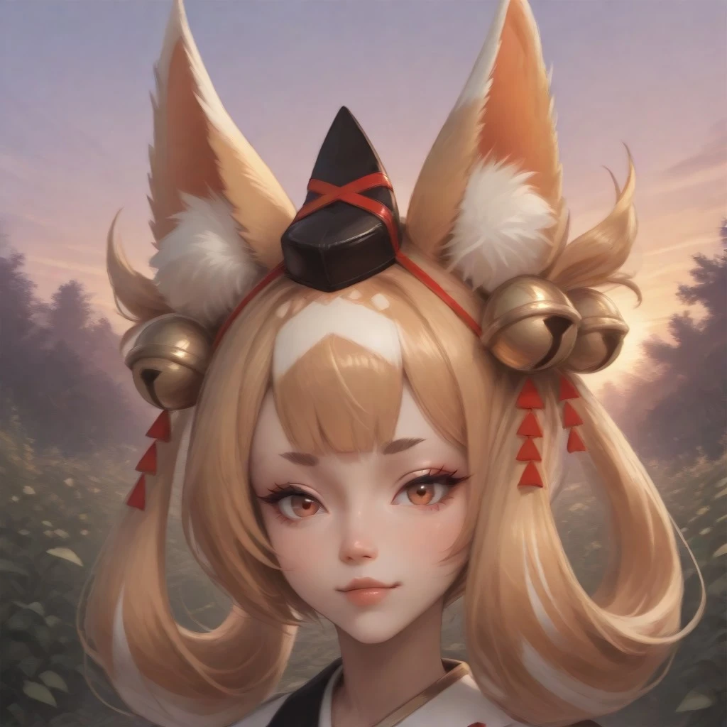 1girl, solo, close-up, Kuzunoha, blonde hair, brown eyes, small eyebrows, fox ears, hat, bells, jingle bells, face focus, petite, BREAK, japanese art style, Garden, sunset, orange sky, purple sky
