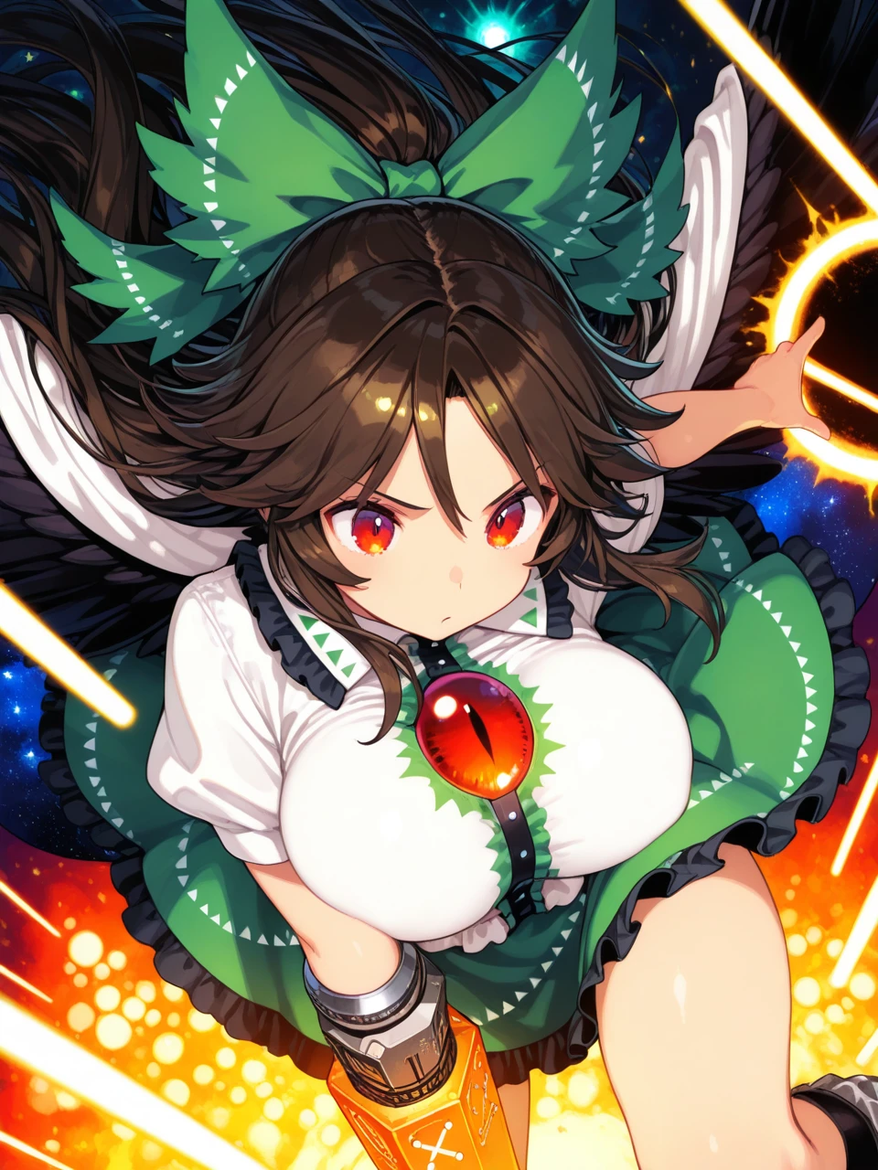 1girl,reiuji utsuho,large breasts, 
magic,dynamic pose, danmaku, radiation symbol,  , 
,masterpiece, best quality,close-up, 