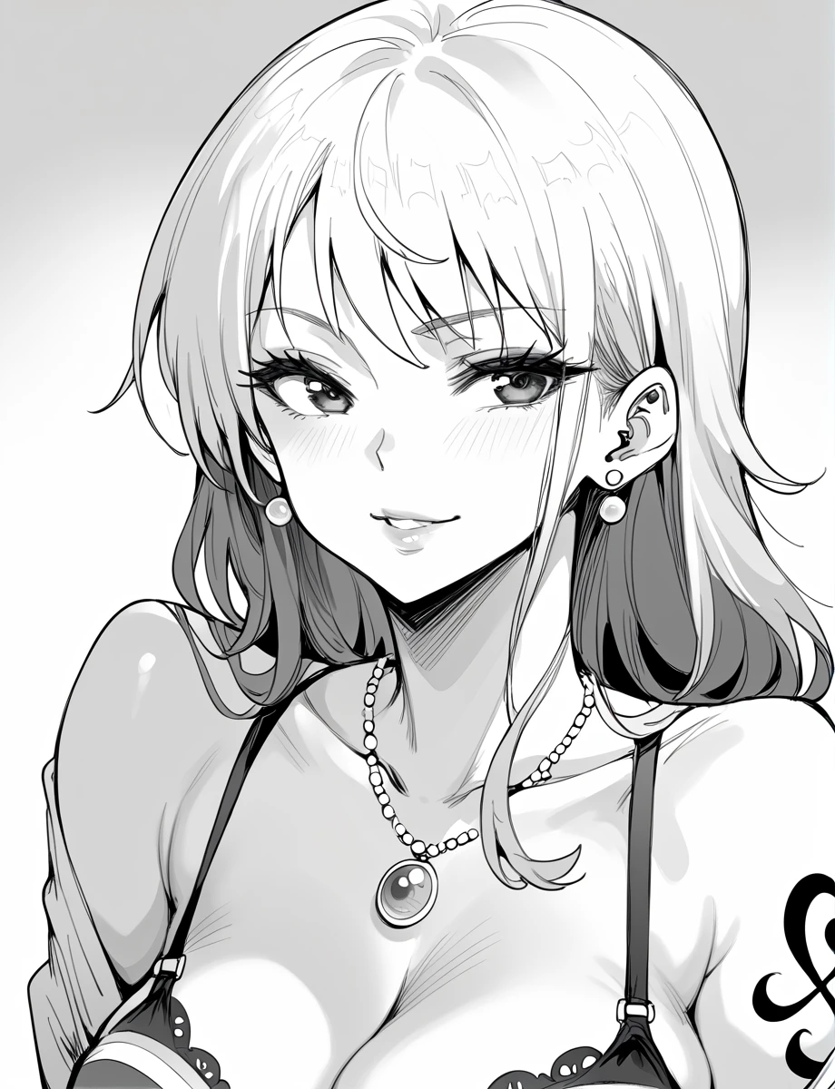 cartoon、Black and White、2 coloronochrome、Manga illustration、 Line art、Super High Resolution Super Quality、anime、Zoom in Enlarge 、smile、Fantasy、Magic Thunder、beach swimwear bikini 、 Hazy, fantastic light, realistic texture, Beautiful Girl has a Nice Body, Eye highlights, Snap, Blue sky, Distant island, Sandy beach, Bob hair, Flower shape into eyes, Close-up