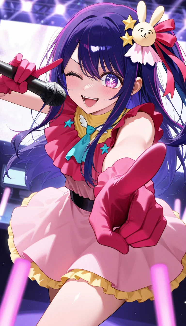 1girl, solo, hoshino ai, oshi no ko,purple hair, purple eyes, long hair, symbol-shaped pupils, star-shaped pupils, star \(symbol\), 
best quality, good quality, 
microphone, one eye closed, gloves, holding microphone, hair ornament, smile, pink dress, open mouth, idol, pointing, pointing at viewer,
monitor, stage, penlight \(glowstick\)