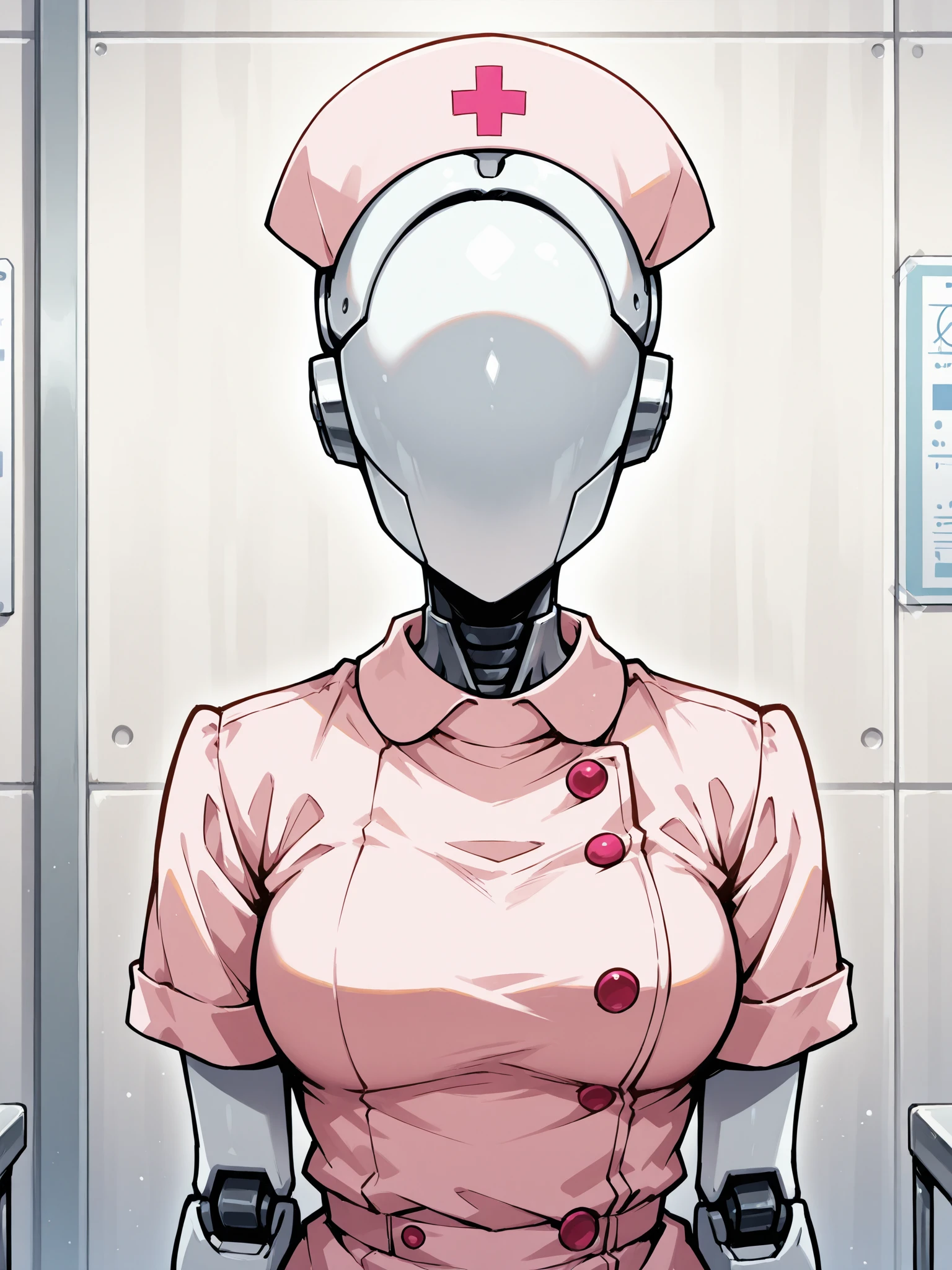 masterpiece, best quality,
1girl, solo,
faceless android nurse in a hospital wearing pink uniform,
white smooth plastic surface,
upper body,
detailed background,
<lora:faceless-illu-v1:0.9>