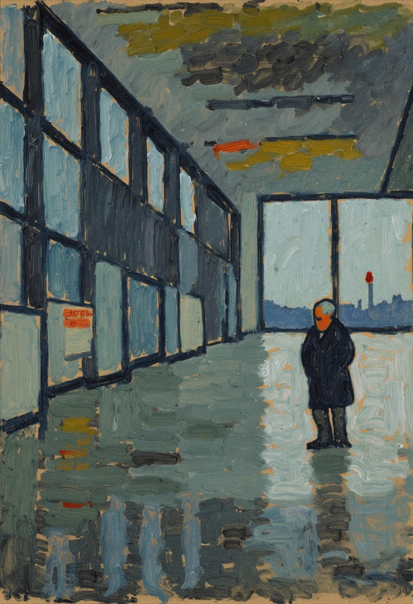 { "T5": "A vast, desolate airport terminal rendered in the style of Alexej von Jawlensky. The scene is dominated by brutalist concrete architecture, weathered and stained with grey and ochre. Rain streaks down the enormous, angled windows, blurring the distant cityscape into a watercolor of muted blues and greys. A lone, elderly man in a dark overcoat stands motionless near a departure board, his face etched with profound sadness and existential dread. The lighting is cold and diffused, with pools of deep shadow emphasizing the scale and emptiness of the space. The floor is polished concrete, reflecting the bleak overhead lights. The overall atmosphere is one of profound isolation and melancholic beauty. A Flux\nJawlensky_Visions FLUX_LORA jwlnsk.safetensors:1.0:1.0 LoRA is heavily applied, intensifying the textural detail of the concrete and subtly distorting the perspective to evoke a sense of unease and disorientation. The color palette is strictly limited to greys, blues, and browns, with occasional flashes of deep shadow. The scene is captured from a slightly low camera angle, looking upwards at the massive terminal, emphasizing the manâs insignificance within the immense, sterile space. The atmosphere is thick with unspoken anxieties and the weight of forgotten journeys. The terminal is filled with subtle, almost imperceptible distortions and glitches, hinting at a fractured reality. The man's posture is slumped, his gaze lost in the distance.", "CLIP-L": "Alexej von Jawlensky, airport, terminal, brutalism, concrete, melancholy, existentialism, grey, rain, distortion, glitch, reflection, sadness, isolation, futuristic, monochrome, LoRA, Flux\nJawlensky_Visions, FLUX_LORA jwlnsk.safetensors" }jwlnsk, A vast, desolate airport terminal rendered in the style of Alexej von Jawlensky. The scene is dominated by brutalist concrete architecture, weathered and stained with grey and ochre. Rain streaks down the enormous, angled windows, blurring the distant cityscape into a watercolor of muted blues and greys. A lone, elderly man in a dark overcoat stands motionless near a departure board, his face etched with profound sadness and existential dread. The lighting is cold and diffused, with pools of deep shadow emphasizing the scale and emptiness of the space. The floor is polished concrete, reflecting the bleak overhead lights. The overall atmosphere is one of profound isolation and melancholic beauty. A Flux Jawlensky_Visions FLUX_LORA jwlnsk.safetensors:1.0:1.0 LoRA is heavily applied, intensifying the textural detail of the concrete and subtly distorting the perspective to evoke a sense of unease and disorientation. The color palette is strictly limited to greys, blues, and browns, with occasional flashes of deep shadow. The scene is captured from a slightly low camera angle, looking upwards at the massive terminal, emphasizing the manâs insignificance within the immense, sterile space. The atmosphere is thick with unspoken anxieties and the weight of forgotten journeys. The terminal is filled with subtle, almost imperceptible distortions and glitches, hinting at a fractured reality. The man's posture is slumped, his gaze lost in the distance. , ,<lora:Flux\Jawlensky_Visions FLUX_LORA jwlnsk.safetensors:1.0:1.0>