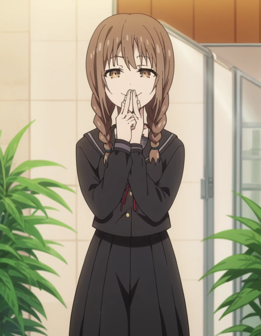 score_9, score_8_up, score_7_up, source_anime, <lora:sawa-yamuichi-s4-ponyxl-lora-nochekaiser:1>, sawa yamuichi, braid, brown hair, twin braids, brown eyes, long hair, mature female, breasts, anime screencap, school uniform, skirt, serafuku, black skirt, pleated skirt, long sleeves, black serafuku, cooling tower, smoke, power, plant, height, , v, v over mouth, smug,, looking at viewer, solo,, cowboy shot, solo