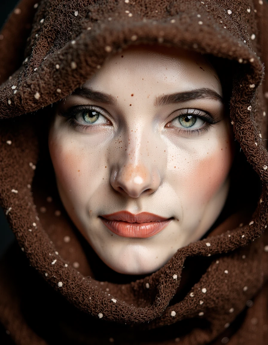 A close-up photograph of a woman's face, shot from a close up angle, showcasing a striking contrast between light and dark tones. the woman, who appears to be a young adult, is positioned in the middle of the frame, looking directly at the camera with a serious expression. her blue eyes are the focal point of the image, with long eyelashes framing her closed mouth. her skin is smooth and fair, and her lips are slightly parted, revealing a hint of her teeth. she is wearing a brown, textured fabric with a subtle pattern of small white dots, creating a textured effect that adds depth and dimension to the image. the lighting is soft and natural, casting gentle shadows across her face, highlighting her features and creating a sense of depth and texture. the background is blurred, allowing the focus to be on her face and the texture of the fabric to be the main focus. the overall effect is a striking and captivating image that showcases the beauty of the woman's natural beauty and the intricate patterns of her skin.