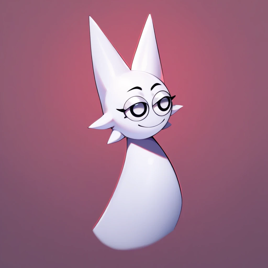 white skin, humanoid girl, stylized anthropomorphic features, half-closed eyelids, smooth skin texture, standing pose, full body, monochromatic palette, confident smirk, sharp ears, black eyes with white highlights, simple stylized character, minimalist design, circular head, black eyes, thin black eyebrows, small closed smile, sharp spiky ears, symmetrical ear-like protrusions, no visible neck, cone-shaped body, minimalistic white, clean lineart, large eyes, tall trepeze-shaped body, no human, geometric body