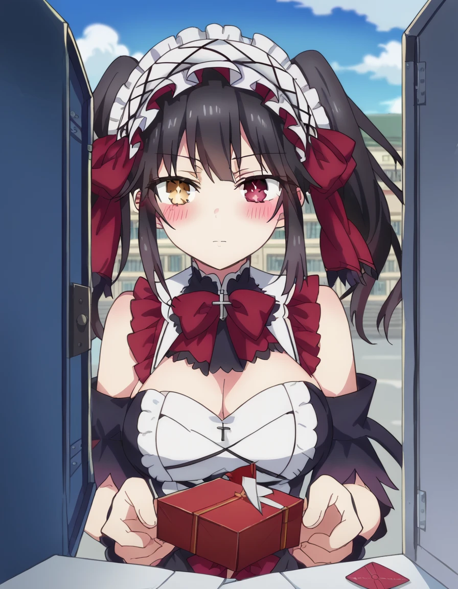 score_9, score_8_up, score_7_up, source_anime, <lora:kurumi-tokisaki-rasiel-s5-ponyxl-lora-nochekaiser:1>, kurumi tokisaki, heterochromia, yellow eyes, clock eyes, black hair, twintails, red eyes, symbol-shaped pupils, long hair, mature female, breasts, anime screencap, cleavage, hairband, white hairband, frills, detached sleeves, bare shoulders, cross, corset, bowtie, red bowtie, black dress, multi-colored dress frills, Man-made, architecture, structures, civilization, urban, , <lora:shoe-locker-pov-ponyxl-lora-nochekaiser:1> shoe locker pov, locker, letter, school, gift box, unworn shoes, blush,, looking at viewer, solo,, cowboy shot, solo