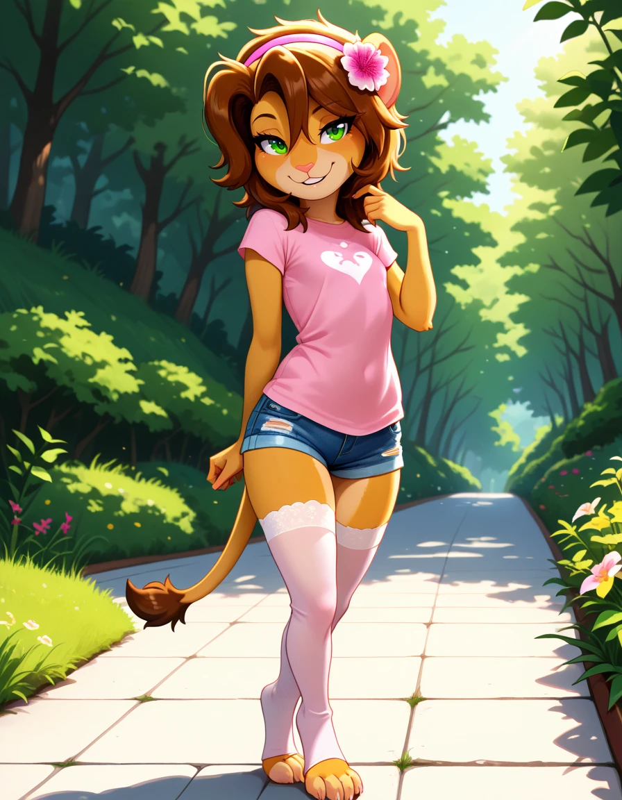 masterpiece, best quality, very aesthetic, absurdres,
outdoors, toeless thighhighs, denim shorts, pink t-shirt,
posing,
full body, seductive smile, parted lips, long eyelashes,
<lora:Keiko_v01_NAIXL:1>
Keiko,1girl,brown hair,furry,furry female,green eyes,smile,animal ears,tail,animal nose,hairband,hair ornament,hair flower,body fur,short hair,bangs,lion ears,