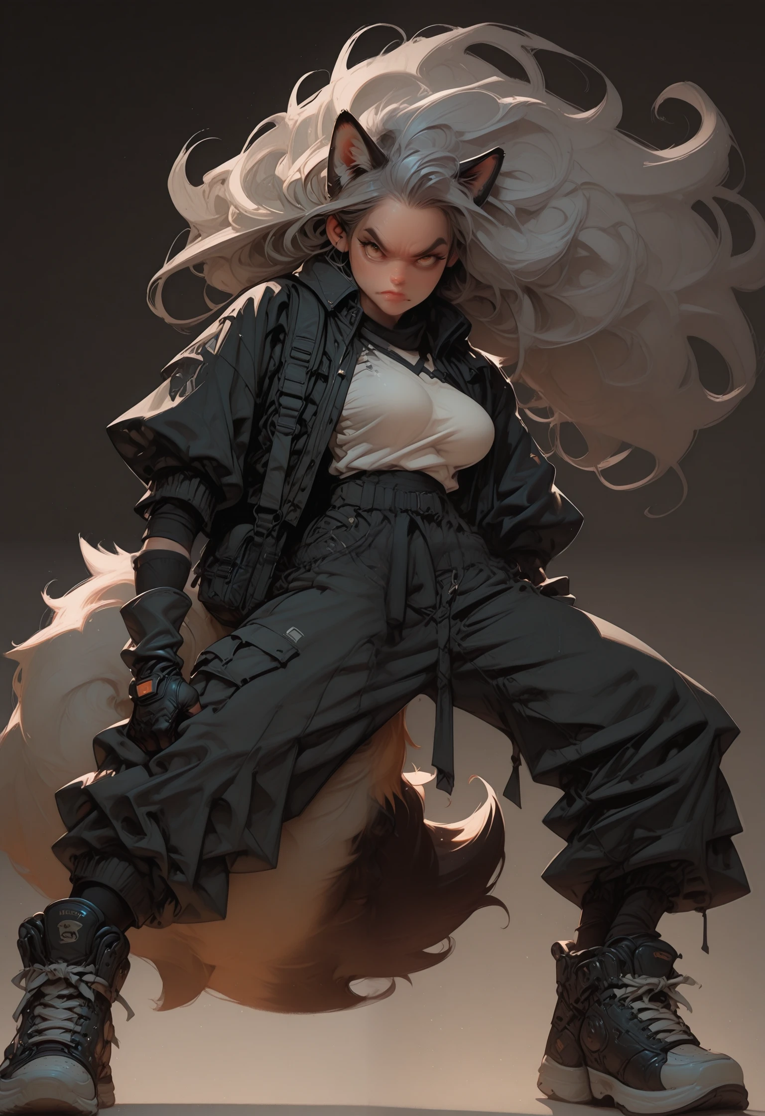 3dc4r1c4tur3, highly detailed stylized 3D cartoon character by Cedric Seaut (Keos Masons) of chouun_shiryuu, 1girl, solo, long_hair, grey_hair, large_breasts, floating_hair, shiny_skin, straight_hair, animal_ear_fluff animal_ears bag baggy_clothes baggy_pants black_gloves duffel_bag fingerless_gloves fox_ears fox_girl fox_tail full_body gloves hand_in_pocket katana looking_at_viewer multicolored_tail multiple_tails pants ribbon sheath sheathed shirt shoes sneakers standing strap sword tail two_tails undershirt v-shaped_eyebrows weapon white_shirt, masterpiece, best quality, dynamic lighting , dynamic pose, dynamic angle, lips, nose <lora:3D_Caricature_Style:1.25>