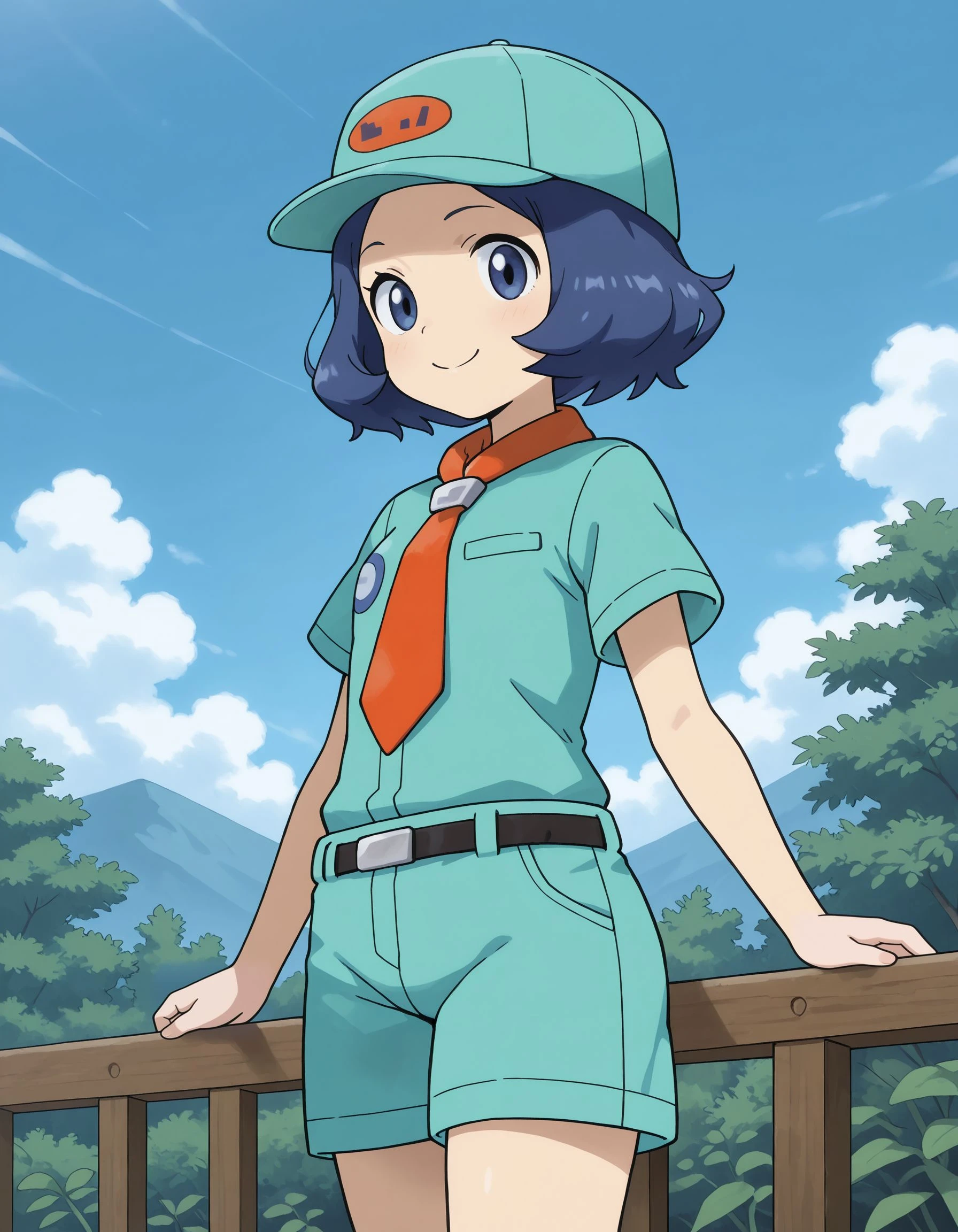 masterpiece,best_quality,1girl,solo,<lora:picnicker oras_illustriousXL:0.8>,picnicker oras,hat,necktie,green shirt,belt,green shorts,cowboy shot,smile,standing,blue sky,looking at viewer,