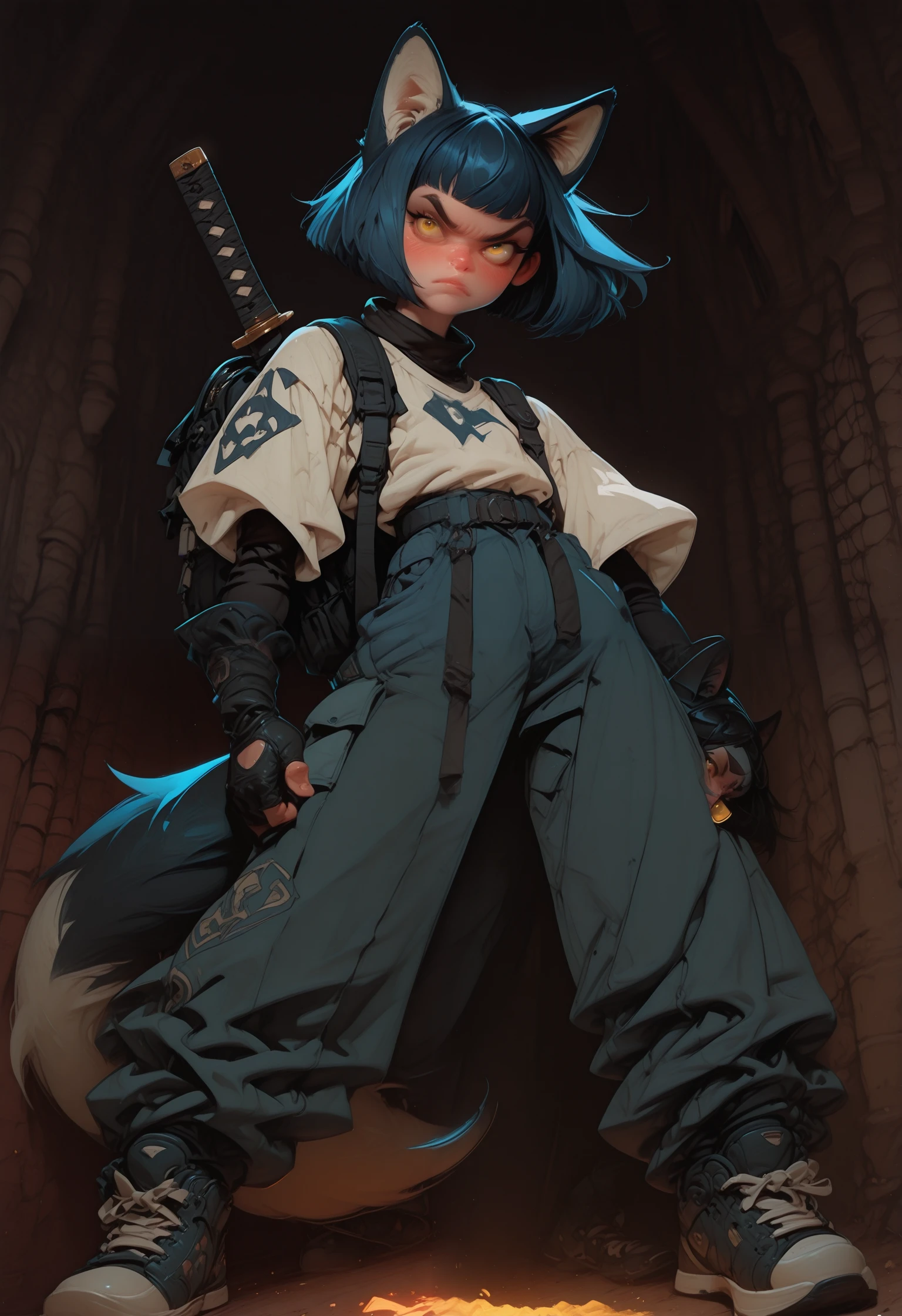 3dc4r1c4tur3, highly detailed stylized 3D cartoon character by Cedric Seaut (Keos Masons) of tsumura_tokiko, 1girl, solo, bob_cut, scar, short_hair, scar_on_face, scar_on_nose, blue_hair, yellow_eyes, blush, animal_ear_fluff animal_ears bag baggy_clothes baggy_pants black_gloves duffel_bag fingerless_gloves fox_ears fox_girl fox_tail full_body gloves hand_in_pocket katana looking_at_viewer multicolored_tail multiple_tails pants ribbon sheath sheathed shirt shoes sneakers standing strap sword tail two_tails undershirt v-shaped_eyebrows weapon white_shirt, masterpiece, best quality, dynamic lighting , dynamic pose, dynamic angle, lips, nose <lora:3D_Caricature_Style:1.25>