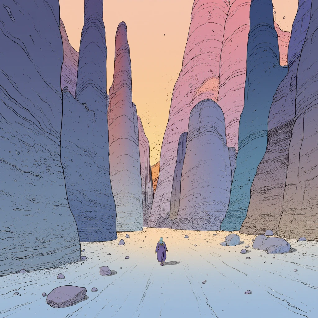 cartoon moebius illustration in mb artstyle, A vast, surreal desert stretches endlessly, dotted with impossibly tall and thin rock formations. The sand glows in soft pastel hues under a hazy, pink-hued sky. A lone traveler in flowing robes walks toward the horizon.