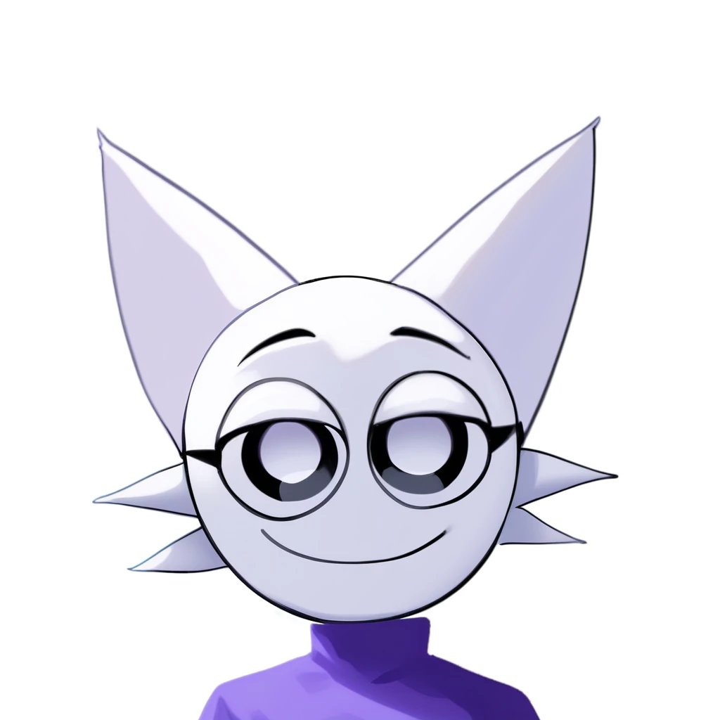 ((no nose)), 1girl, furry, no human girl, white skin, (big eyes, black eyes, predominantly white eyes, with big black outlines), no human, smile, realistic proportions, good anatomy, skindentation, anthropomorphic features, white circular face, half-closed eyes, sharp triangular ears, spiky whisker-like protrusions, minimalistic design, monochromatic palette, cat ears, wenda, no humanoid ears, circular head