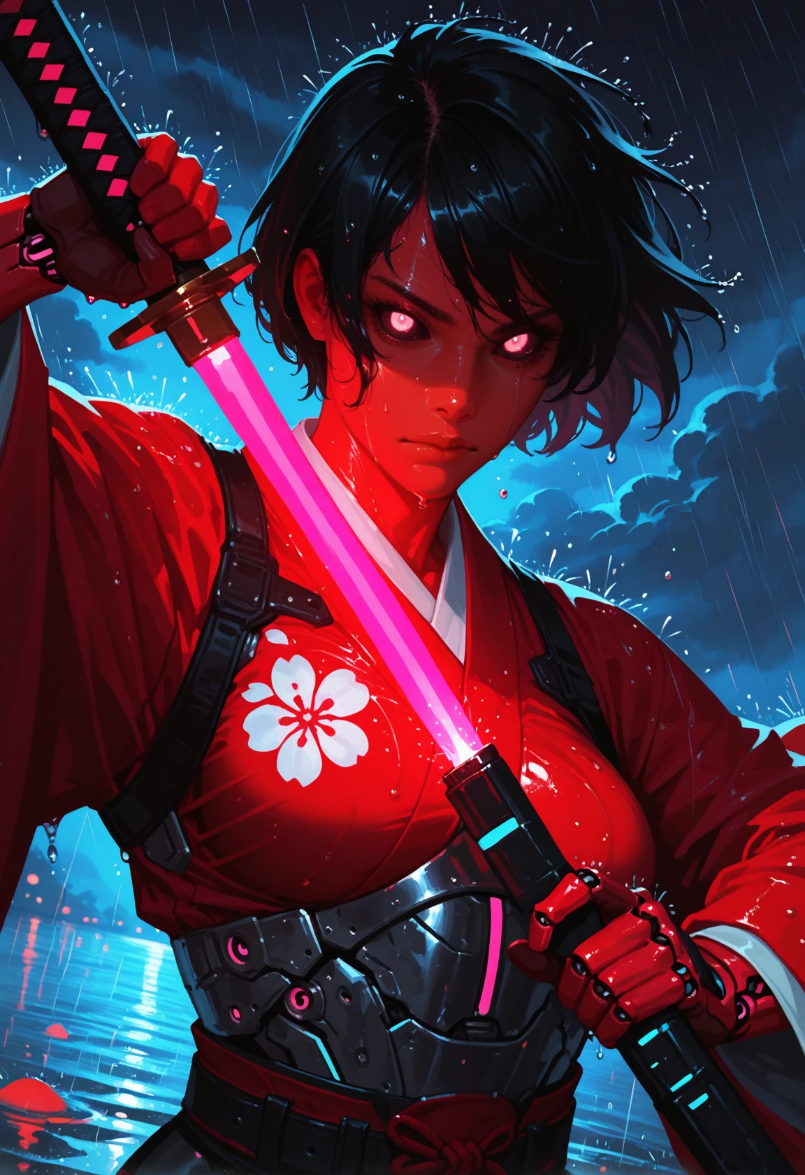 1girl, solo, weapon, sword, rain, blue energy sword, glowing, cyborg, glowing eyes, lightsaber, black hair, science fiction, colored skin, wet, looking at viewer, holding, upper body, pink eyes, closed mouth, belt, holding weapon, outdoors, red eyes, lips, , water, holding sword, short hair, , white eyes, colored sclera, armor, red skin, red japanese clothes, floral print, cloud, katana, night, solo, fighting stance, light , unsheathing, ,, masterwork, masterpiece, best quality, dynamic lighting , dynamic pose,, dynamic angle, , , (realistic:1.2), (lineless:1.2), detailed, , aged up, adult, depth of field, dynamic lighting, blurry, cheekbones,