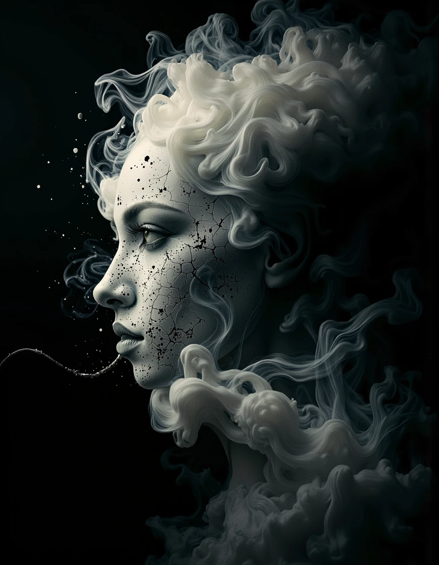 A cinematic photography.
a dipiction of a hantu iban, disintegrating and dissolving into swirling lines of fogg, smoke and particles blending with the black background, blending form with reality. Framed in thick volumetric fog. diffused light, delicatly, whispering, eye catching masterpiece artwork. drifting fog, cracked light and smokey haze in floating threads finishes the dreamlike reality.