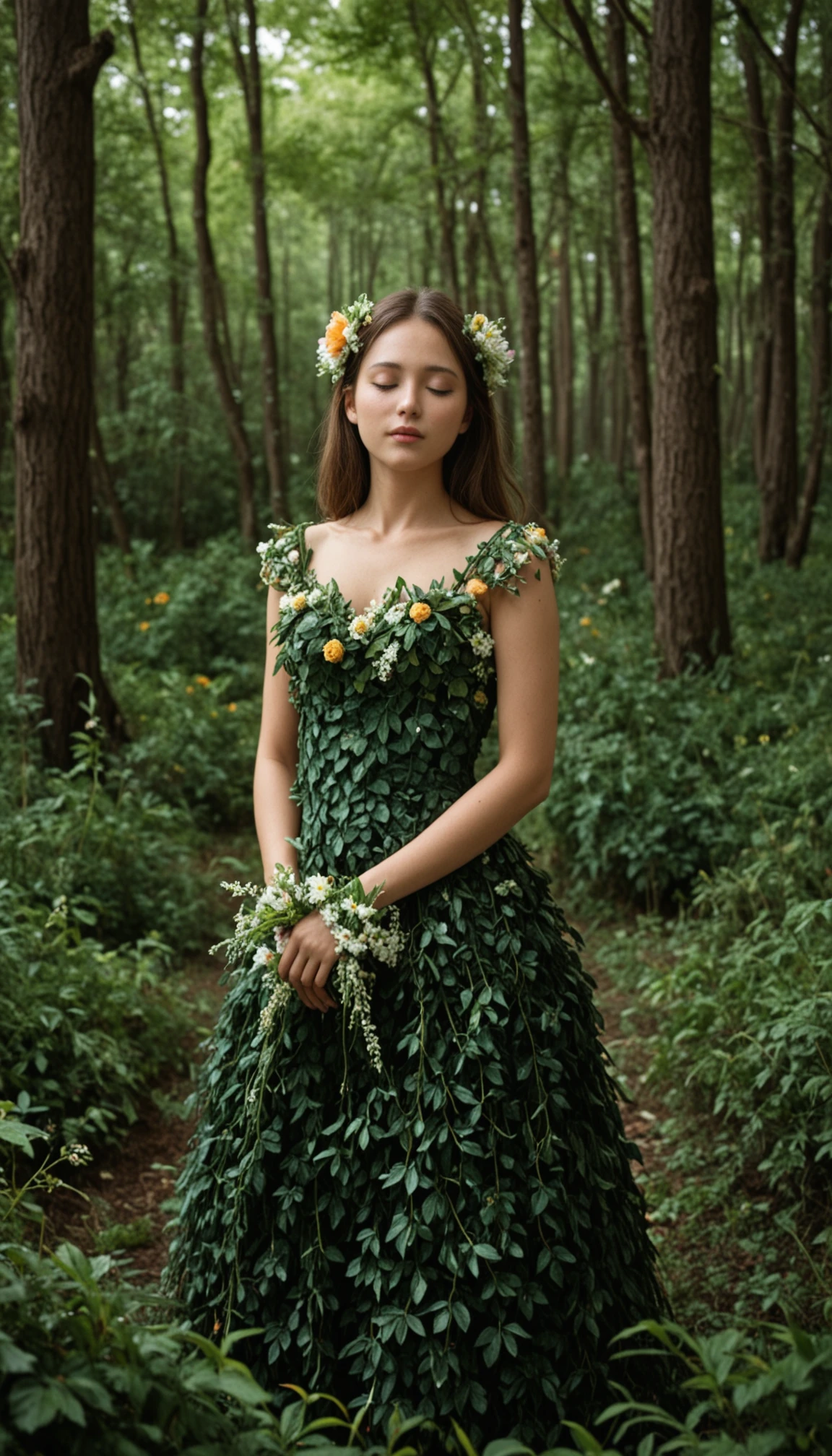 masterpiece, best quality, amazing quality, very aesthetic, high resolution, ultra-detailed, absurdres, scenery, photo, realistic, woman, (cute:1.2), generous, flower armor dress, colorful, closed eyes, looking away, dark forest, green theme,exposure blend, medium shot, bokeh, (cinematic, teal and orange:0.8), (muted colors, dim colors, soothing tones:1.3), (low saturation:1.2), BREAK, depth of field, photorealistic details
