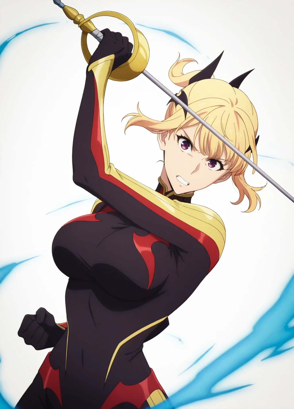 (simple background, white background),
head tilt,
anime screencap,anime coloring,
(masterpiece, best quality:1.2),
<lora:Hae-In_C2:0.8>,
haein2, 1girl, solo, blonde hair, purple eyes, short hair, bodysuit, open mouth, looking at viewer, hair ornament, breasts, bat hair ornament, black bodysuit,large breasts, rapier, clenched teeth, fighting stance,
blue aura,
<lora:add-detail-xl:1>