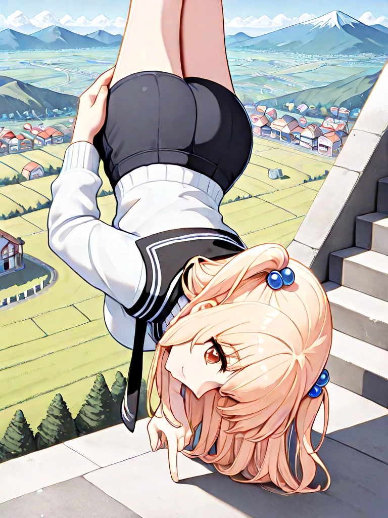 absurdres, explicit, one finger handstand, pointing down, hand on stairs, 1girl, light smile, large breasts, two side up, blonde hair, hair ornament, white sweater, full body, from above, japan, ramp, slope, mountain, countryside, hilltop, horizon, stone steps, hand on own thigh, profile, overhead view, aerial view, <lora:onefingerhandstand_ilxl:1>
