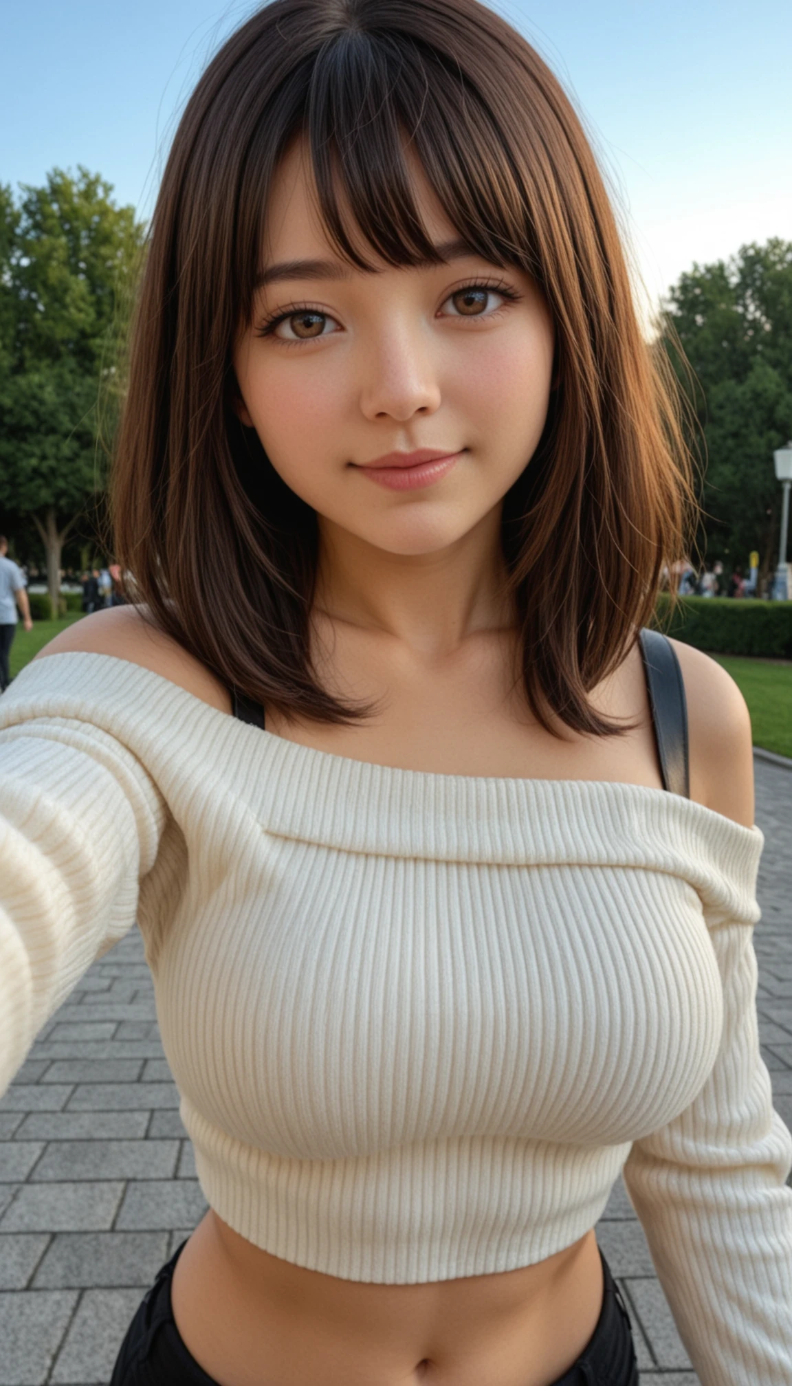 masterpiece, best quality, amazing quality, very aesthetic, high resolution, ultra-detailed, absurdres, scenery, realistic, photo, 1girl, innocent and alluring, long hair, brown hair, choppy bangs, alternative vibe, brown eyes, large breasts, off-shoulder black strap crop top ribbed white sweater, navel, portrait, upper body, looking at viewer, head tilt, selfie, light smile, selene, generous, dutch angle, park, blue sky, outdoor, raw lights, BREAK, depth of field, photorealistic details